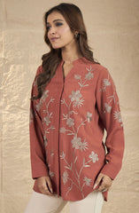 Rust Orange Floral Embroidered Shirt