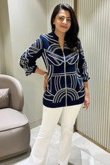 Navy Blue Pearl Zipper Jacket