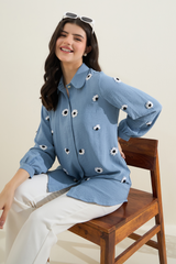Blue Floral Embroidered Shirt