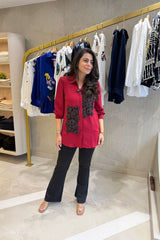 Red Embellished Floral Shirt