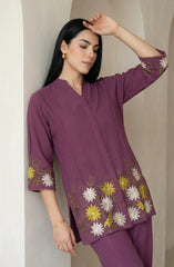 Wine Sunflower Embroidered Co-ord Set