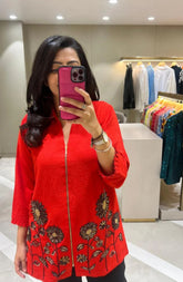 Red Embellished Zipper Top