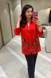 Red Embellished Zipper Top