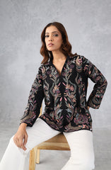 Black Multicolour Floral Embroidered Shirt