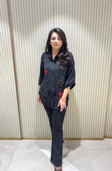 Embellished black cards motif shirt