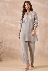 Grey Floral Embroidered Co-Ord Set