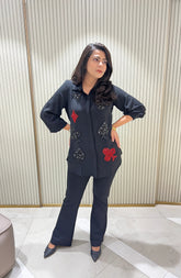 Embellished black cards motif shirt