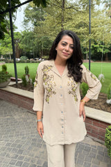 Beige Floral Embellished Co-Ord set