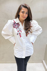 White Puff Sleeves Floral Embellished Shirt
