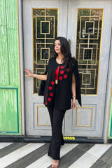 Black Formal Cape with Red Contrast Embroidery