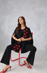 Black Formal Cape with Red Contrast Embroidery