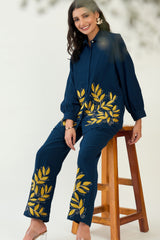 Navy Blue Leaf Embroidered Co-ord set