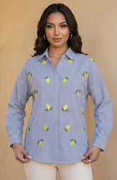 Grey Stripe Lemon Embroidered Cotton Shirt