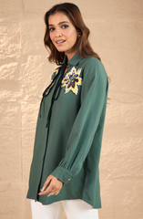 Embellished Knot Style Bottle Green Shirt