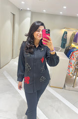 Embellished black cards motif shirt