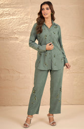 Sage Green Embellished Suede Co-Ord Set