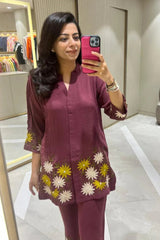 Wine Sunflower Embroidered Co-ord Set