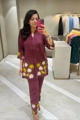 Wine Sunflower Embroidered Co-ord Set