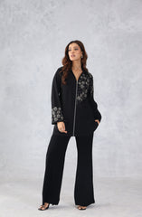 Black Floral Embellished Zip Style Shirt