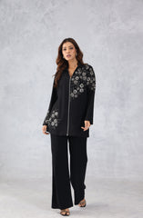 Black Floral Embellished Zip Style Shirt
