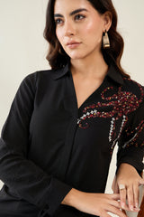 Black One Side Motif Embellished Shirt