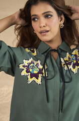 Embellished Knot Style Bottle Green Shirt