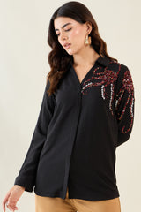 Black One Side Motif Embellished Shirt