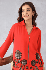 Red Embellished Zipper Top