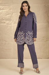 Purple Beige Aari Embroidery Co-Ord Set