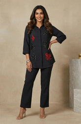 Embellished black cards motif shirt