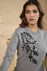 Grey Beaded Floral Embellished Sweater