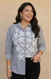 Grey Stripe White Floral Embroidered Shirt