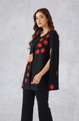 Black Formal Cape with Red Contrast Embroidery