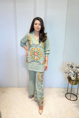 Moss Green Floral Embroidered Co-Ord Set
