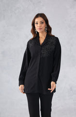 Midnight Bloom Black Floral Embellished Shirt