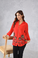 Red Embellished Zipper Top
