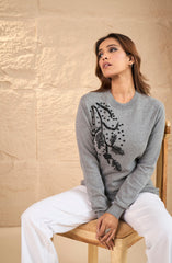 Grey Beaded Floral Embellished Sweater