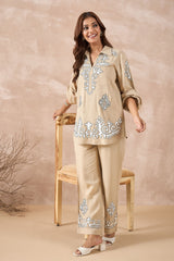 Beige Abstract Embroidered Co-Ord Set