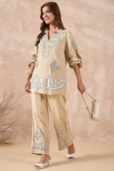 Beige Abstract Embroidered Co-Ord Set