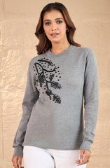 Grey Beaded Floral Embellished Sweater