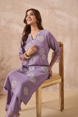 Lavender Floral Embroidered Kurta Set