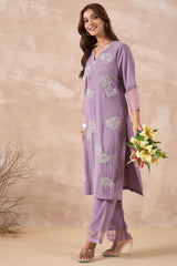 Lavender Floral Embroidered Kurta Set