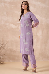Lavender Floral Embroidered Kurta Set
