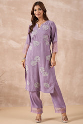 Lavender Floral Embroidered Kurta Set