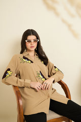 Beige Embellished Button Down Shirt