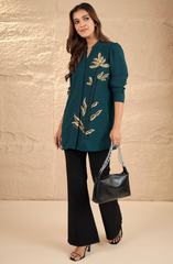 Bottle Green Gold Leaf Embellished Shirt