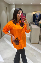 Orange Cotton Poplin Embellished Shirt