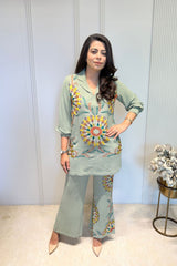 Moss Green Floral Embroidered Co-Ord Set