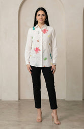 White Cotton Shirt with Funky Motif