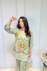 Moss Green Floral Embroidered Co-Ord Set
